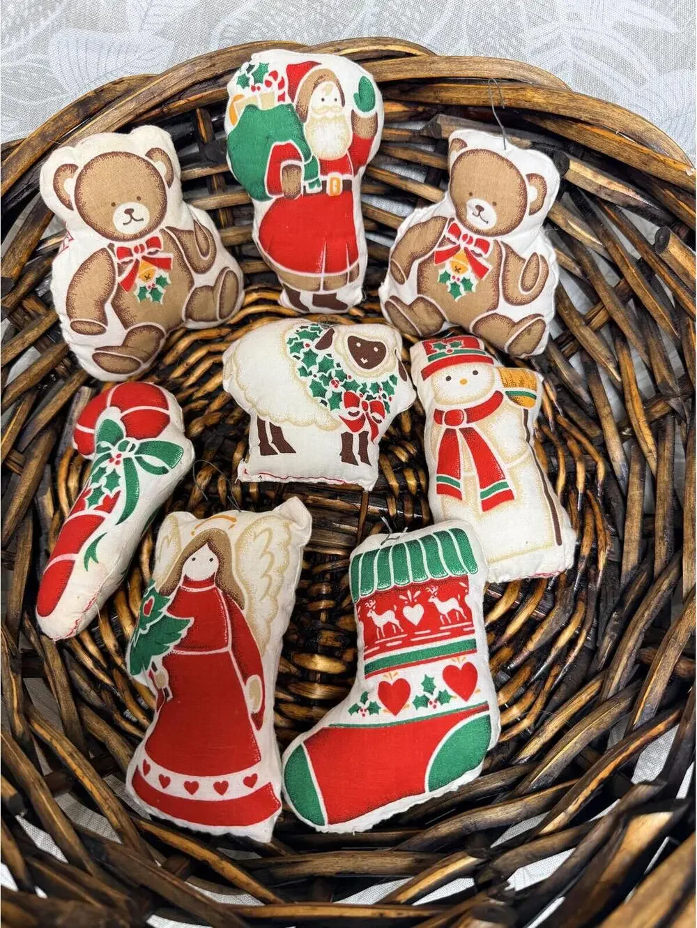 1970s Handmade Cloth Christmas Ornament Set of 8
